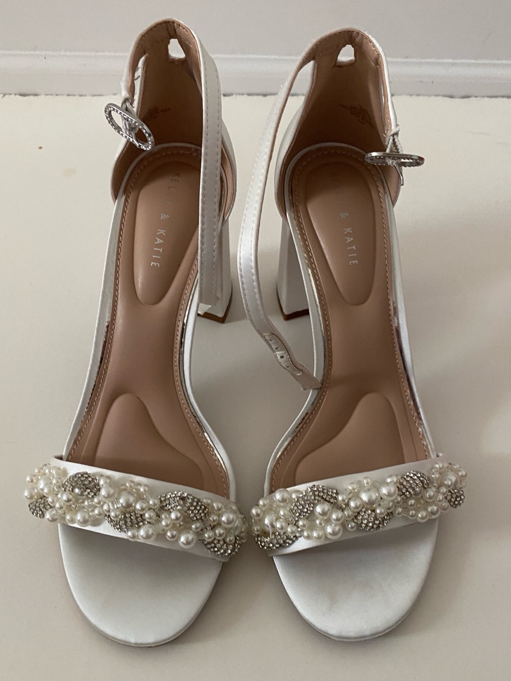 White Pearl & Crystal Embellished Block Heel Sandals - NEW